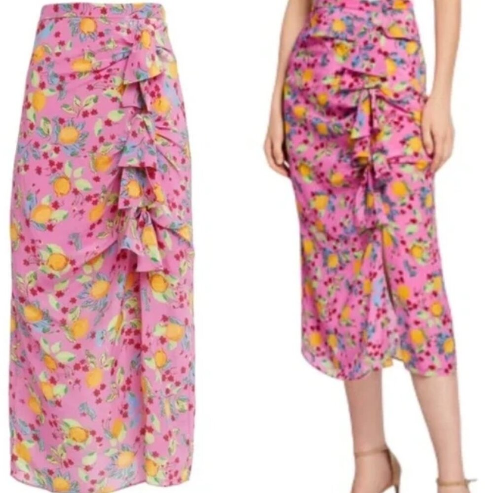 NWOT SALONI Kelly Floral-print Silk Crepe De Chine Midi Skirt in Multi XS $450